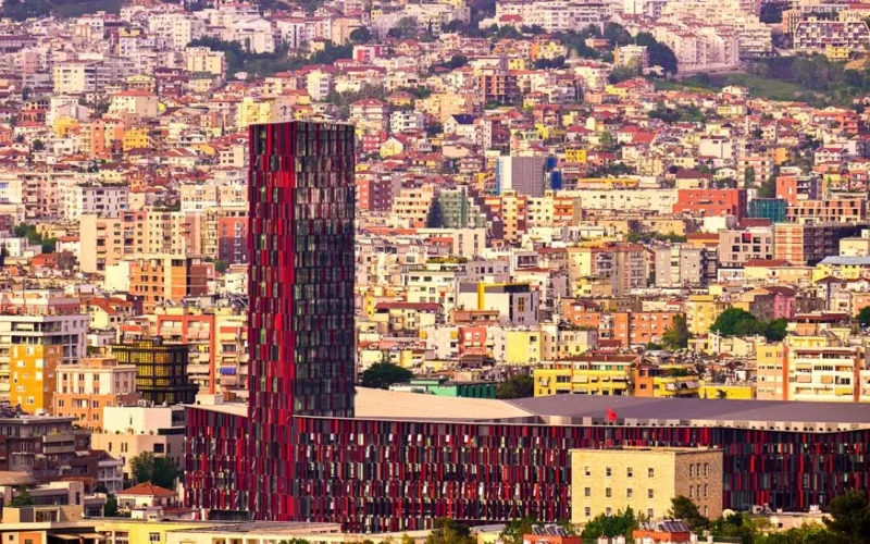 Aerial view of vibrant modern architecture and urban sprawl in Tiranë, Albania.