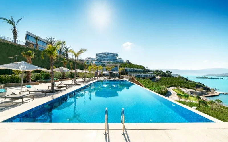 A luxurious seaside resort in Bodrum, Turkey, featuring a stunning infinity pool under sunny skies.