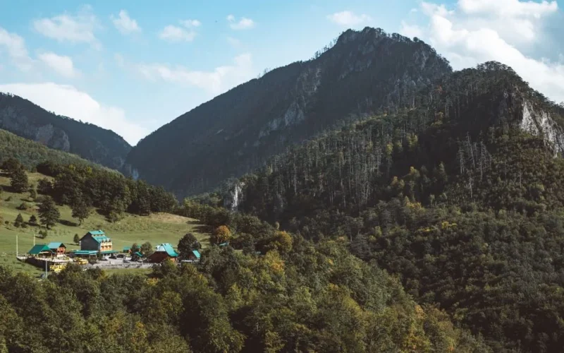 Charming mountain village nestled among lush green hills and dense forest with clear blue sky.