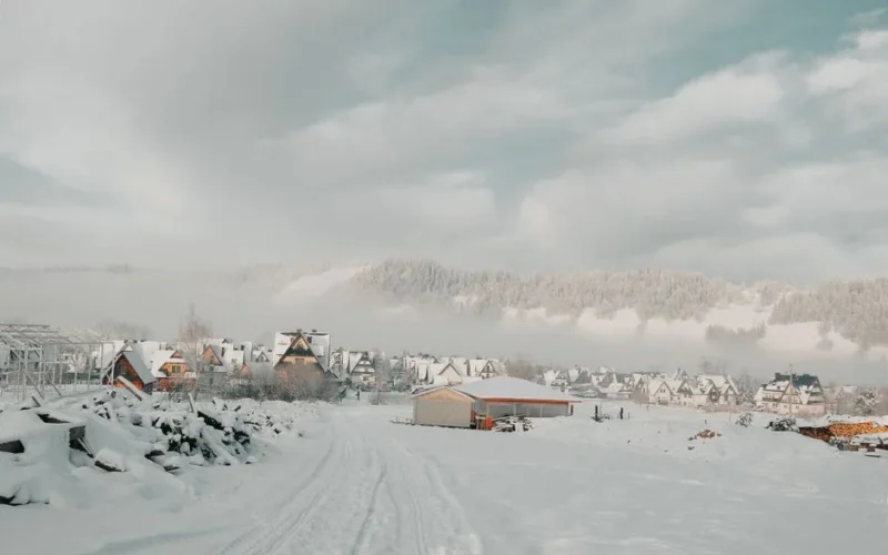 Charming winter scenery in Zakopane, Poland, with snow-covered houses and mountains.