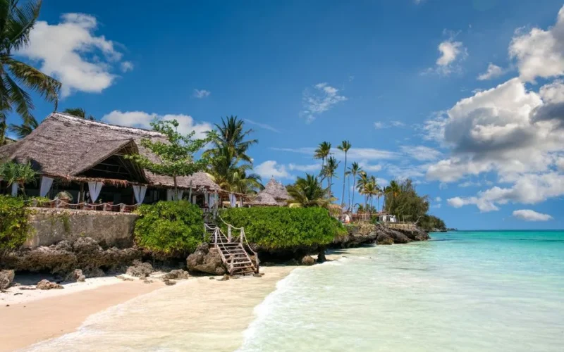 Idyllic beachfront scene in Zanzibar with palm trees, turquoise sea, and a traditional villa.